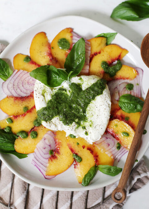 Peach and Burrata Salad with Basil Chimichurri...